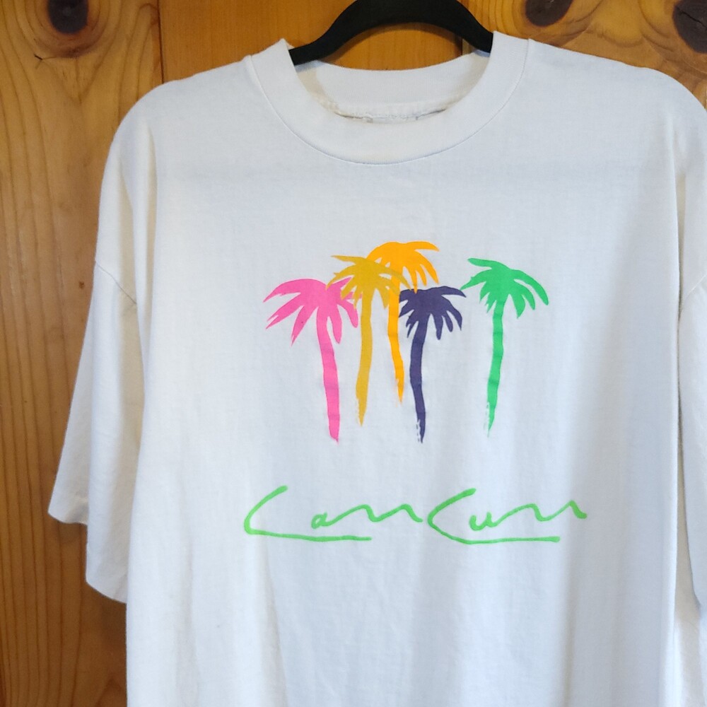 Vintage neon80s 90s White XL Short Sleeve Palm Tree single stitch vtg Cancun